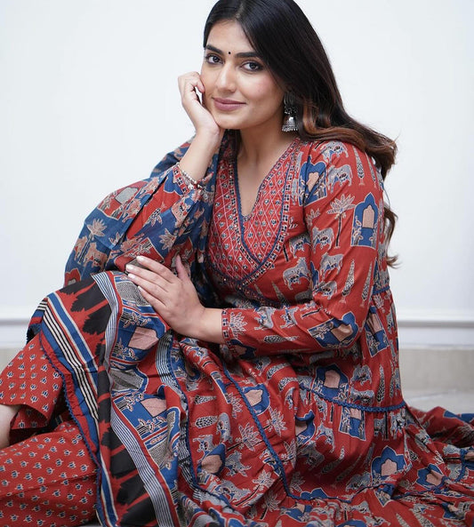 Women Red Floral Printed Anarkali Kurti Pant & Dupatta Set