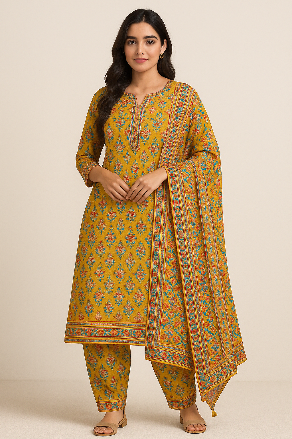 Woman wearing mustard yellow floral printed cotton suit set with matching pants and dupatta – traditional Indian ethnic wear