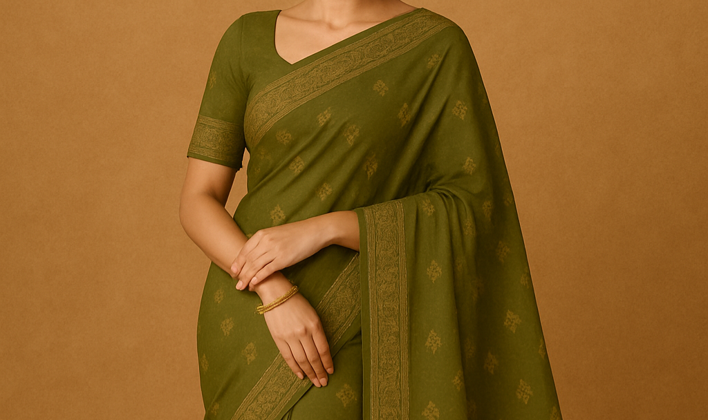 Elegant Olive Green Cotton Saree for Women – Handwoven Ethnic Wear with Subtle Motifs
