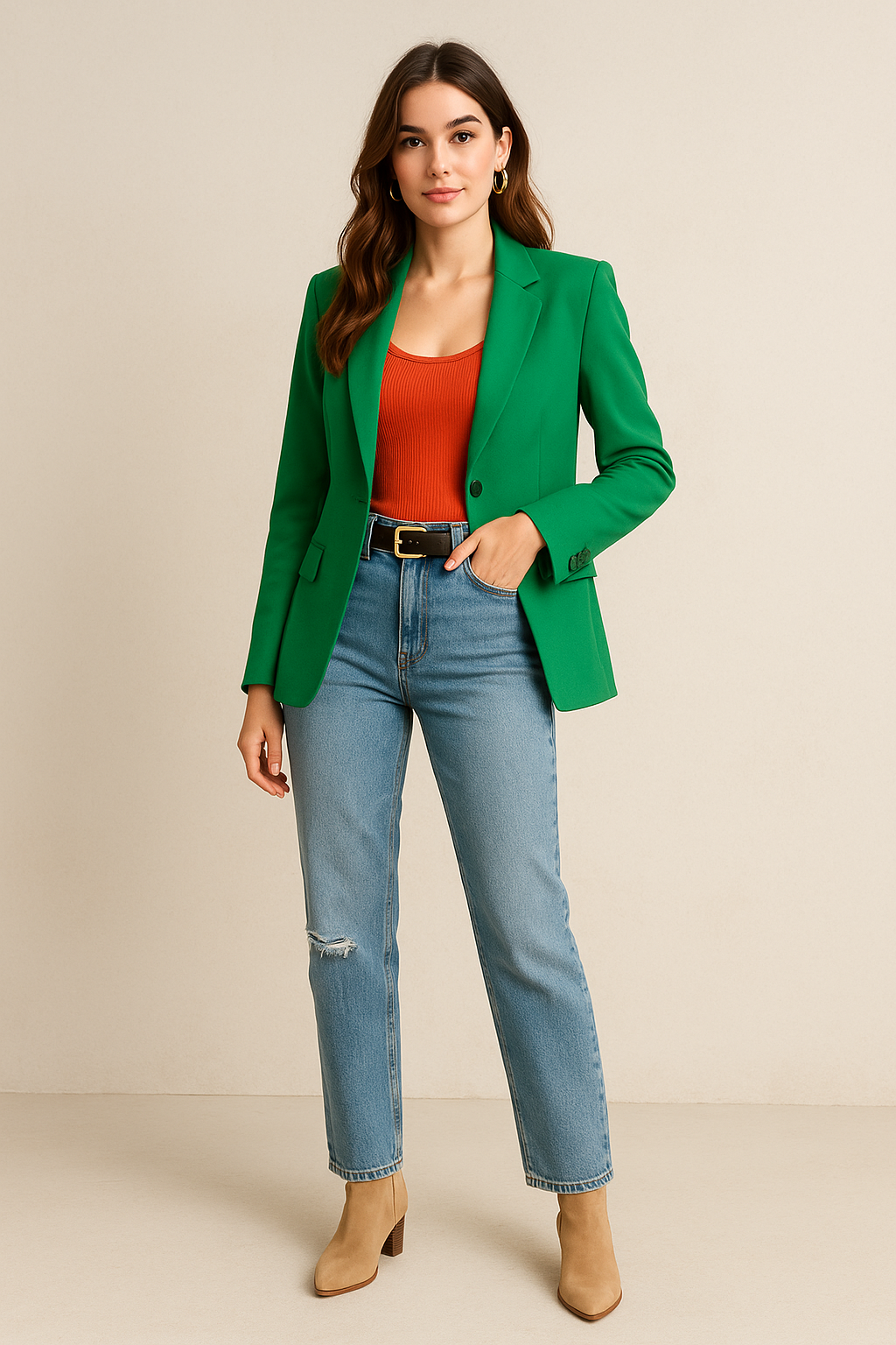 Woman wearing a green blazer, rust tank top, and blue jeans with ankle boots