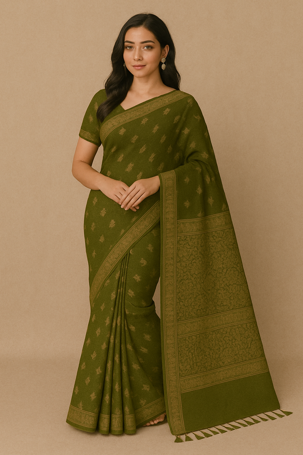 Woman wearing an elegant olive green handloom cotton saree with golden motifs and traditional border – ideal for festive and daily wear.