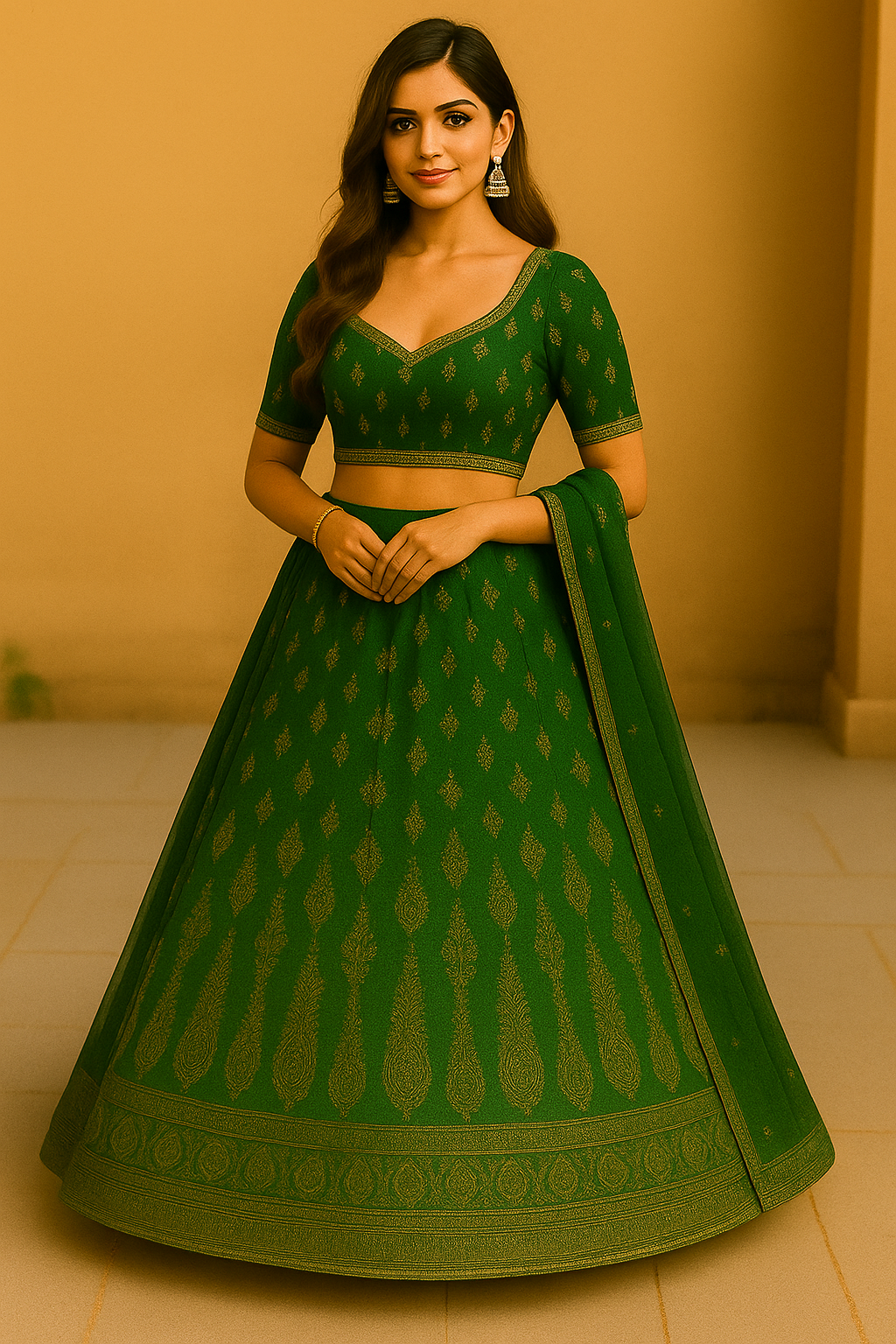Woman wearing a traditional green brocade silk lehenga choli set with gold motifs and matching dupatta