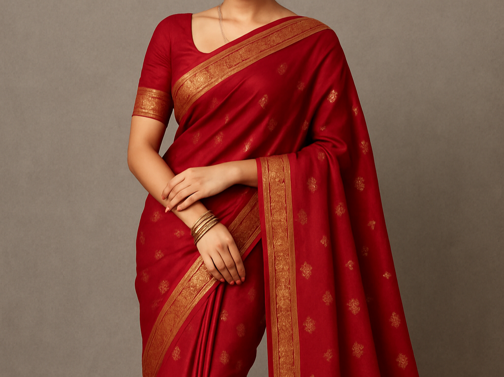 Elegant Maroon Silk Saree with Golden Zari Border – Traditional Festive Wear