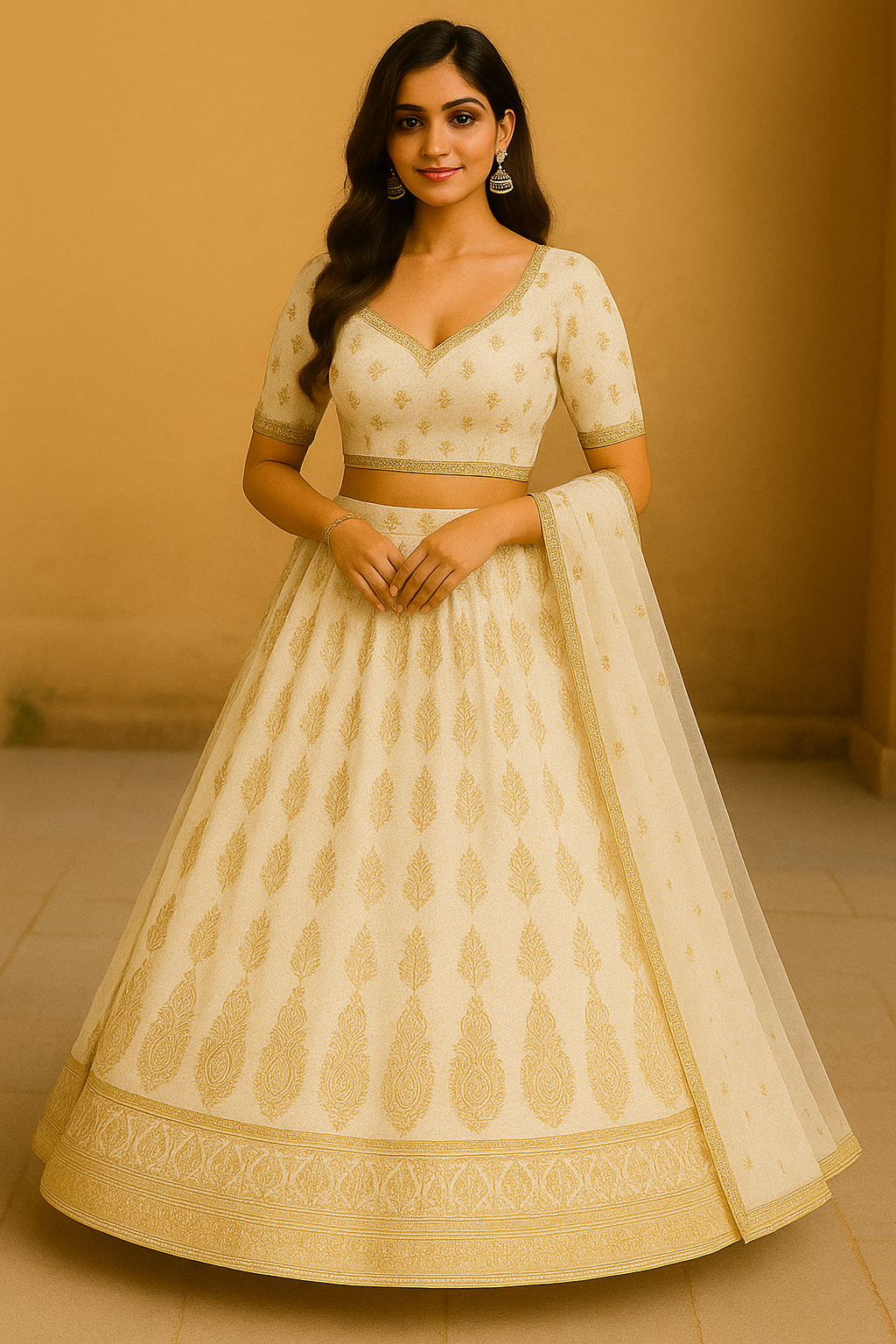 Woman wearing cream and gold embroidered lehenga choli set with matching dupatta