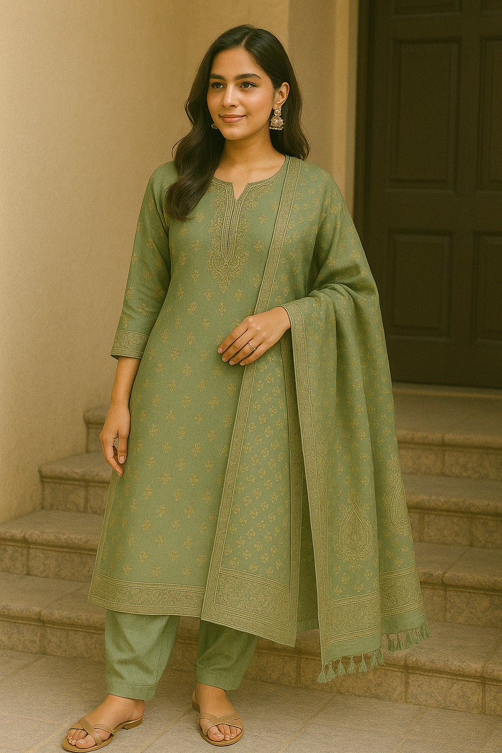 Woman wearing an elegant olive green printed cotton kurta set with matching dupatta and pants
