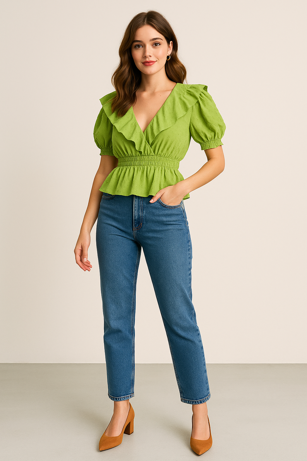 Woman wearing green ruffle peplum top with puff sleeves and v-neck