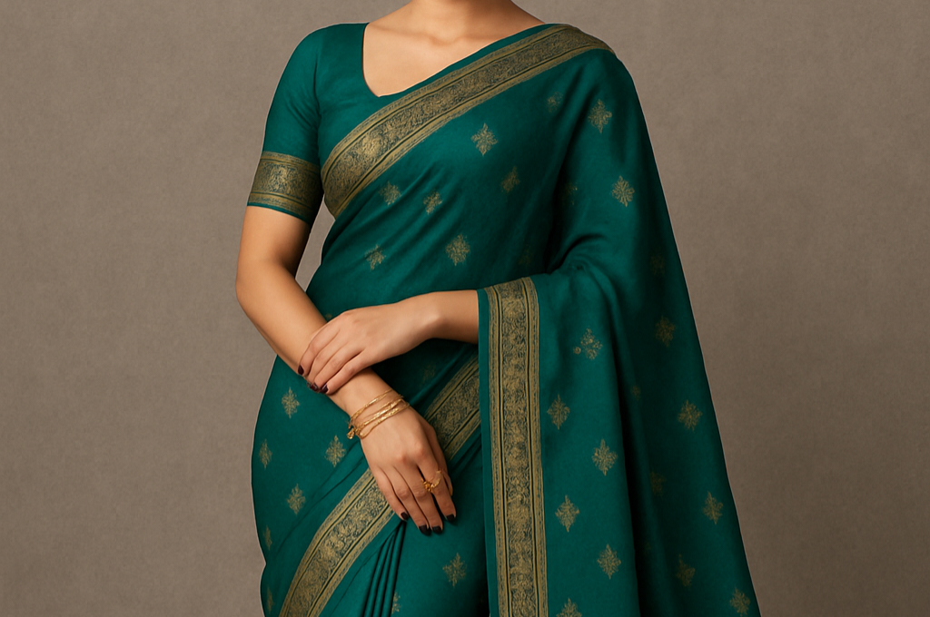 Elegant Teal Green Silk Saree with Golden Zari Work – Festive & Wedding Wear