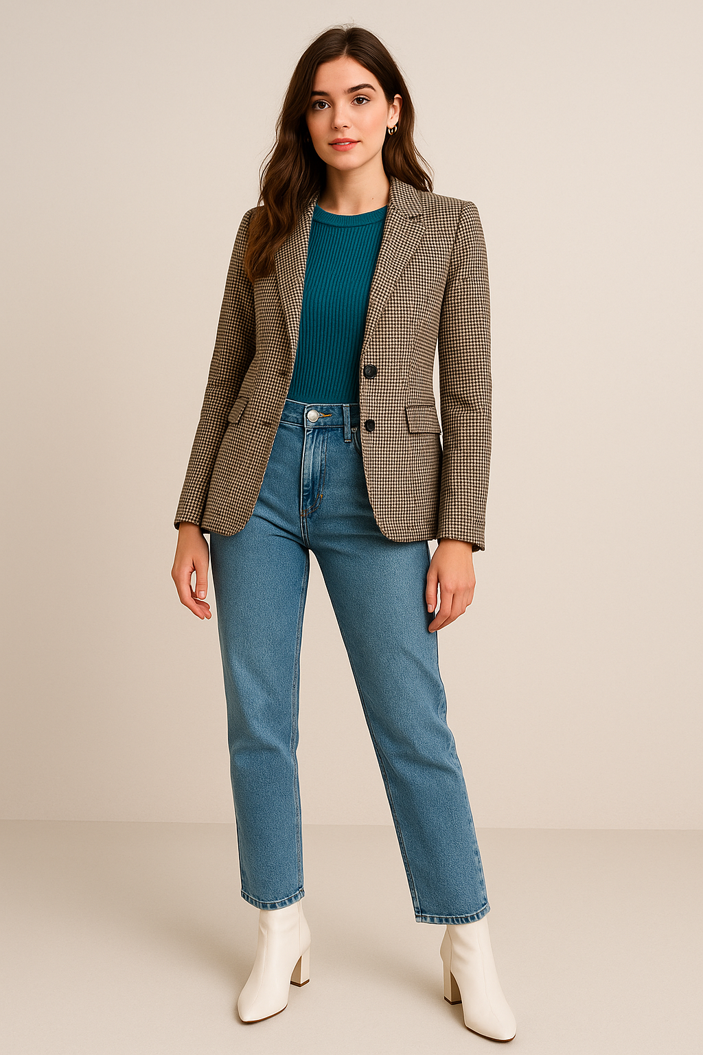 Woman wearing a checked blazer, teal knit top, high-waisted blue jeans, and ivory boots