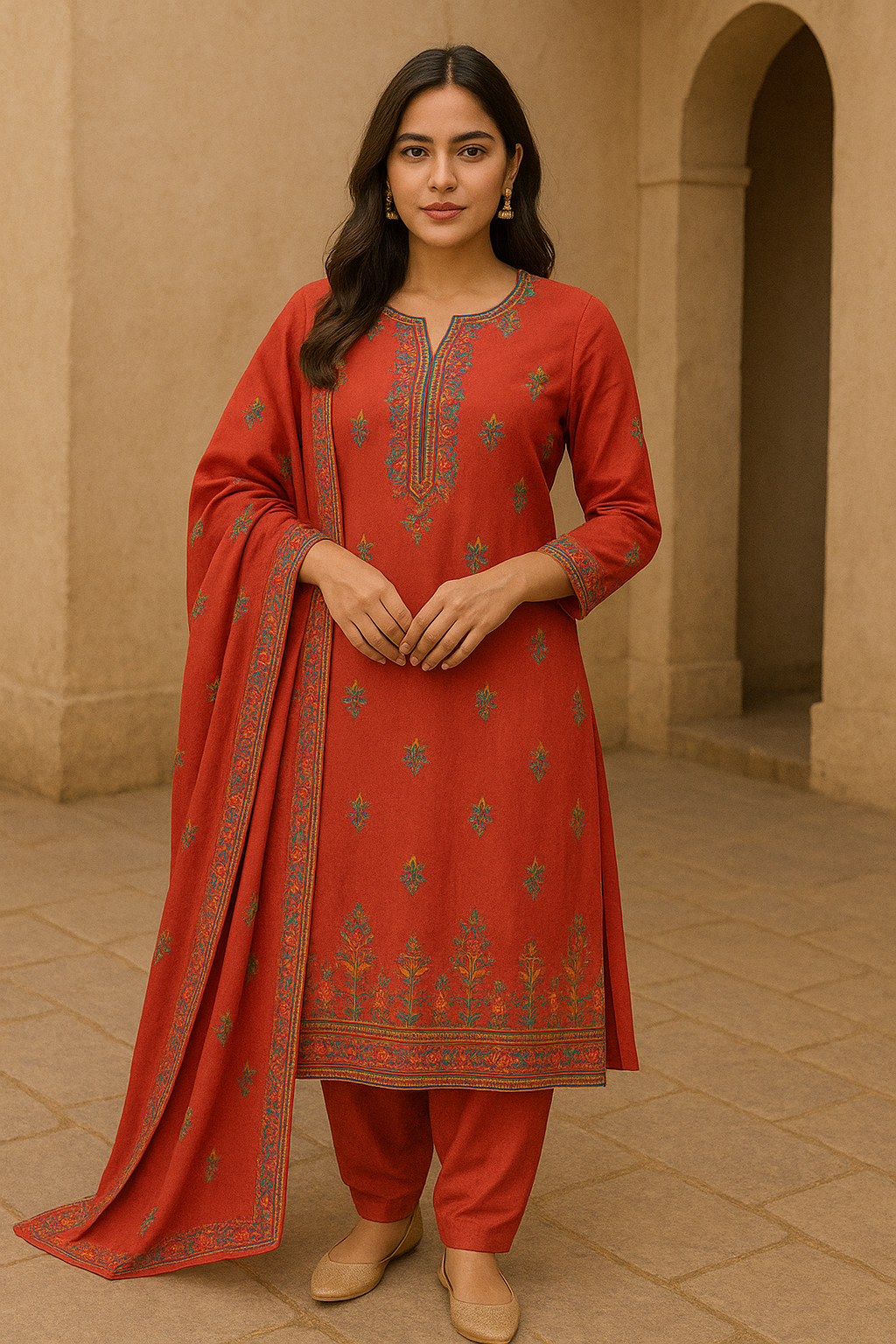 Woman wearing rust red cotton kurta set with floral prints and dupatta