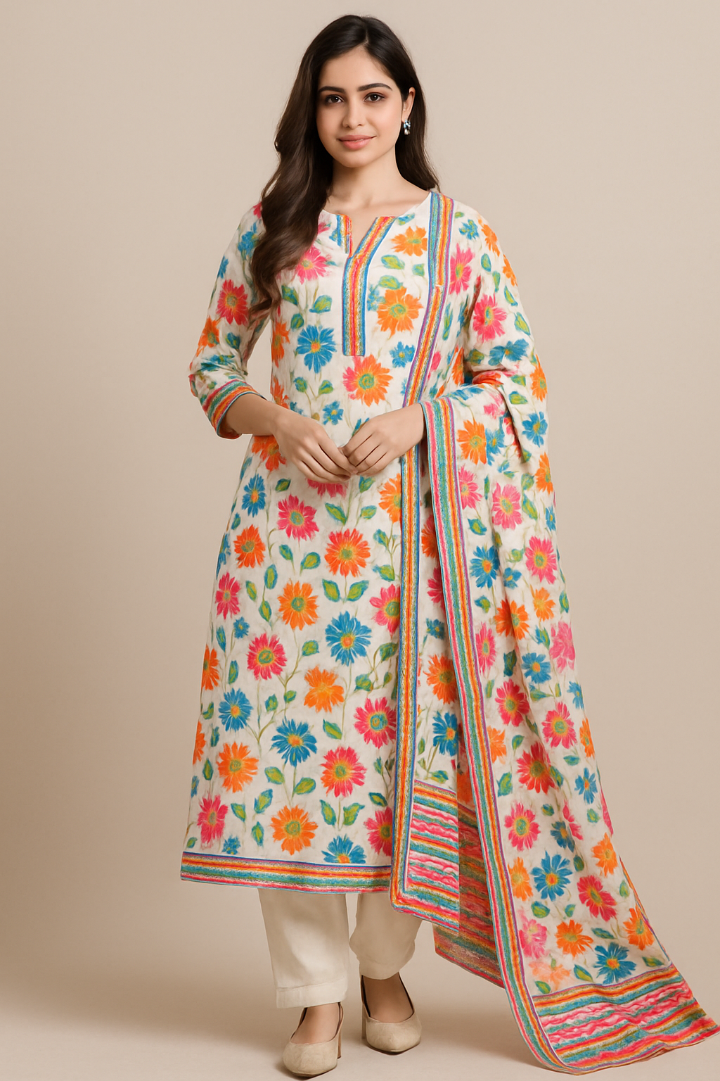 Woman wearing multicolor floral printed cotton kurta set with matching dupatta and white bottoms