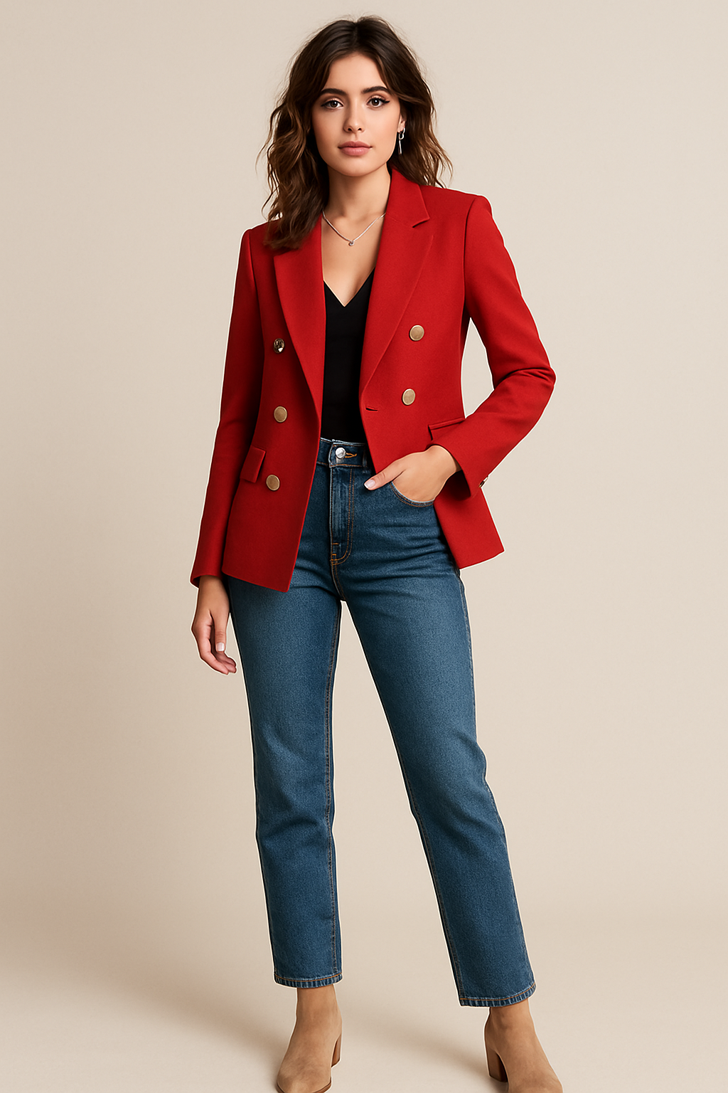 Chic Red Double-Breasted Blazer for Women - Tailored Fit
