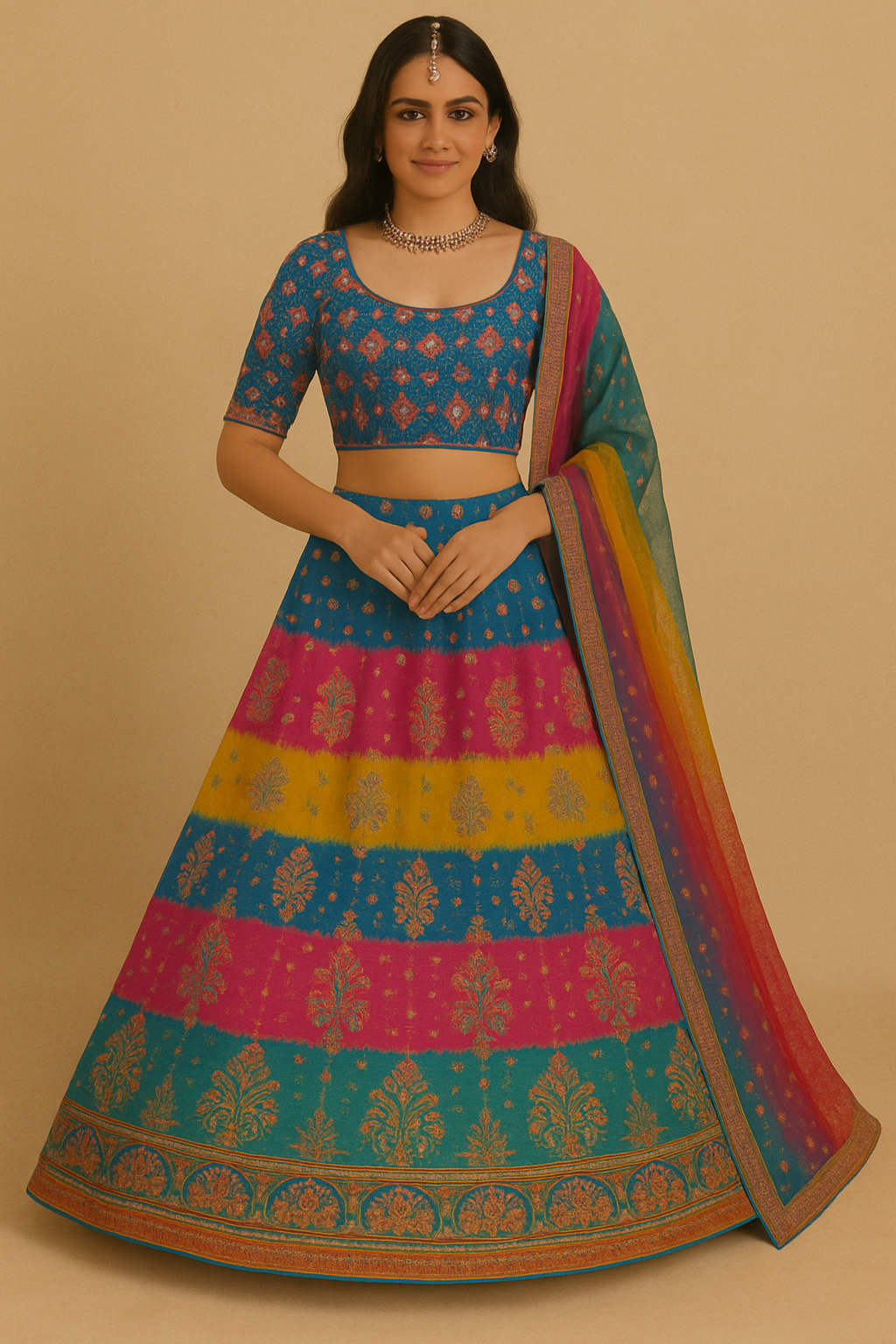 Woman wearing a multicolor Banarasi silk lehenga set with golden motifs, printed blouse, and a matching dupatta