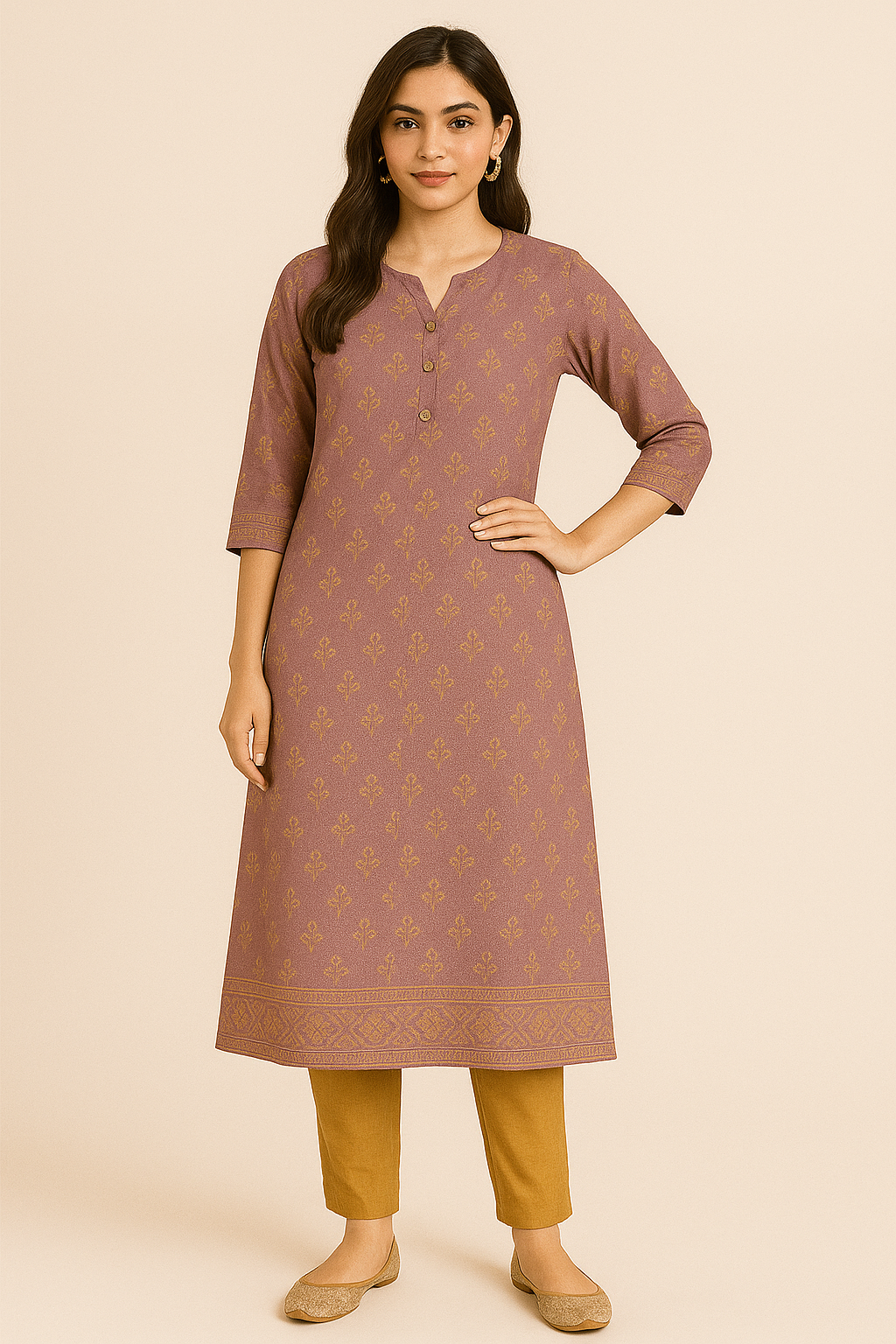 Women's Mauve Ethnic Cotton Straight Kurta with Mustard Pants - Traditional Wear