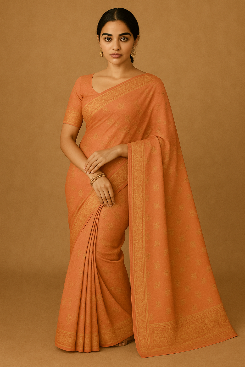 Woman wearing an elegant burnt orange Banarasi saree with gold zari work – traditional Indian festive attire