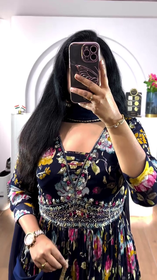 Black Colour Floral Printed Long Anarkali Black Kurta With Dupatta Set