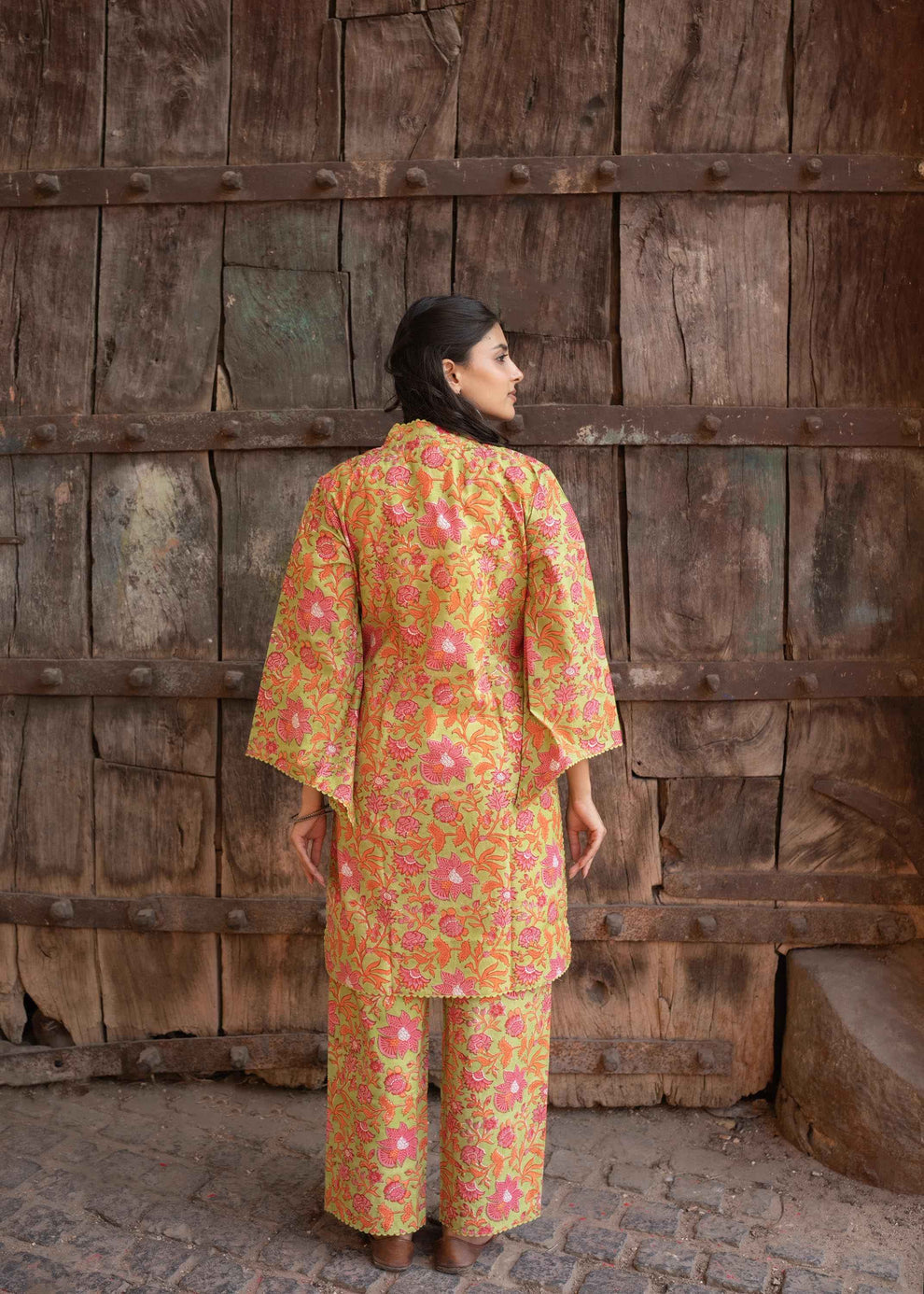 Kesariya Bloom Hand-Block Cotton Co-ord Set β Floral Print, Comfortable Fit