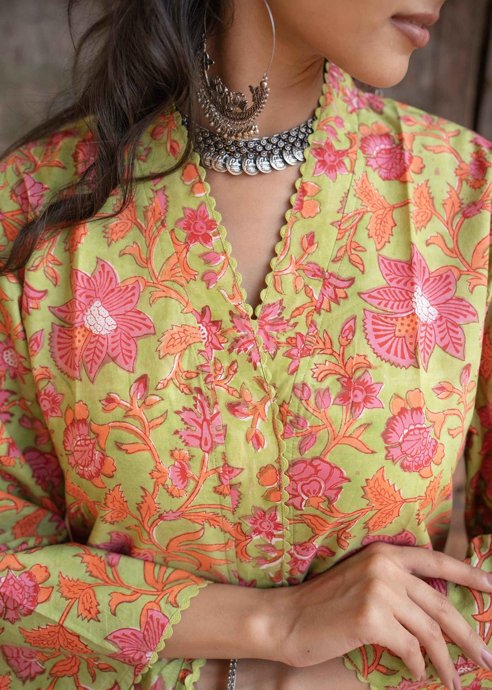Kesariya Bloom Hand-Block Cotton Co-ord Set β Floral Print, Comfortable Fit