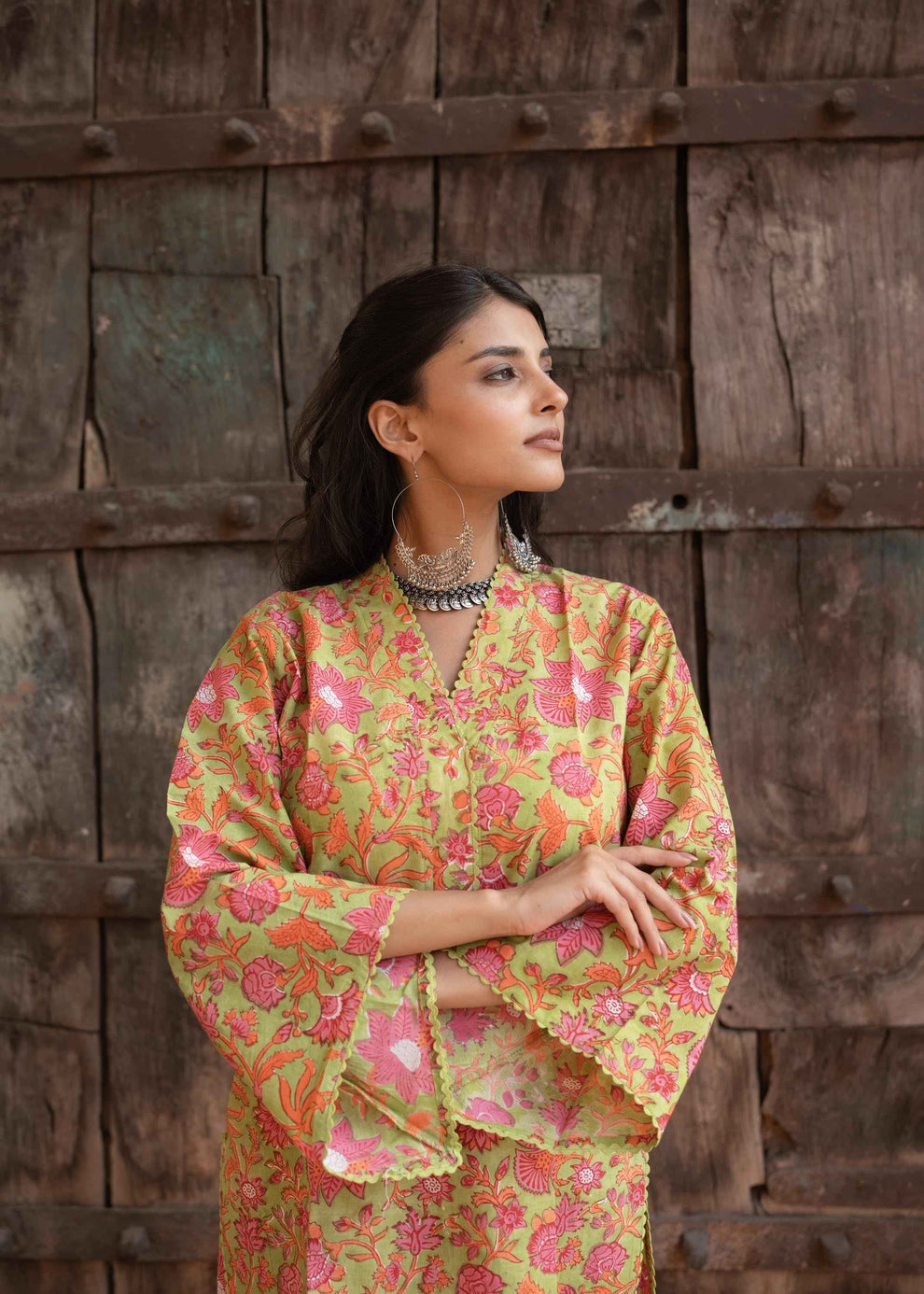 Kesariya Bloom Hand-Block Cotton Co-ord Set β Floral Print, Comfortable Fit