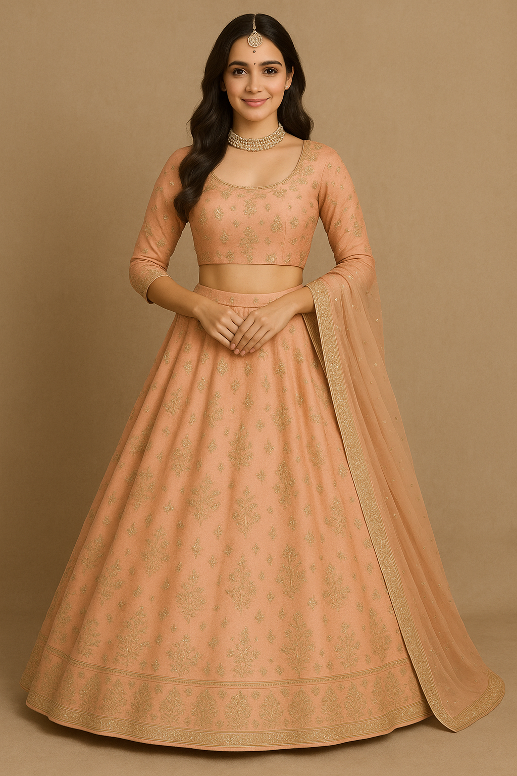 Woman wearing a peach gold embroidered silk Anarkali lehenga set with matching net dupatta