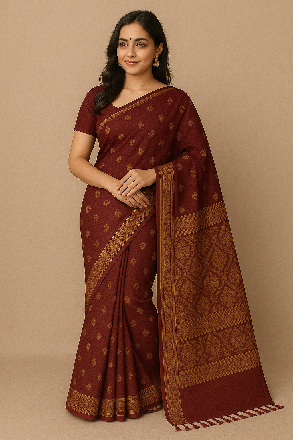 Young woman wearing a maroon Banarasi soft silk saree with golden zari border and pallu – Traditional Indian ethnic wear