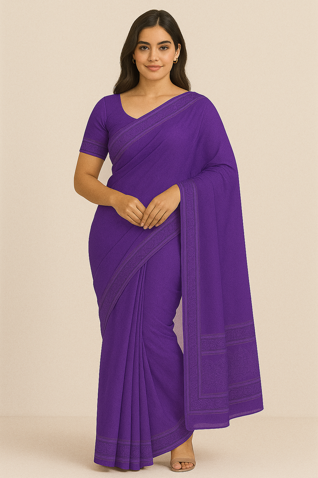 Model wearing elegant violet handloom cotton saree with woven border
