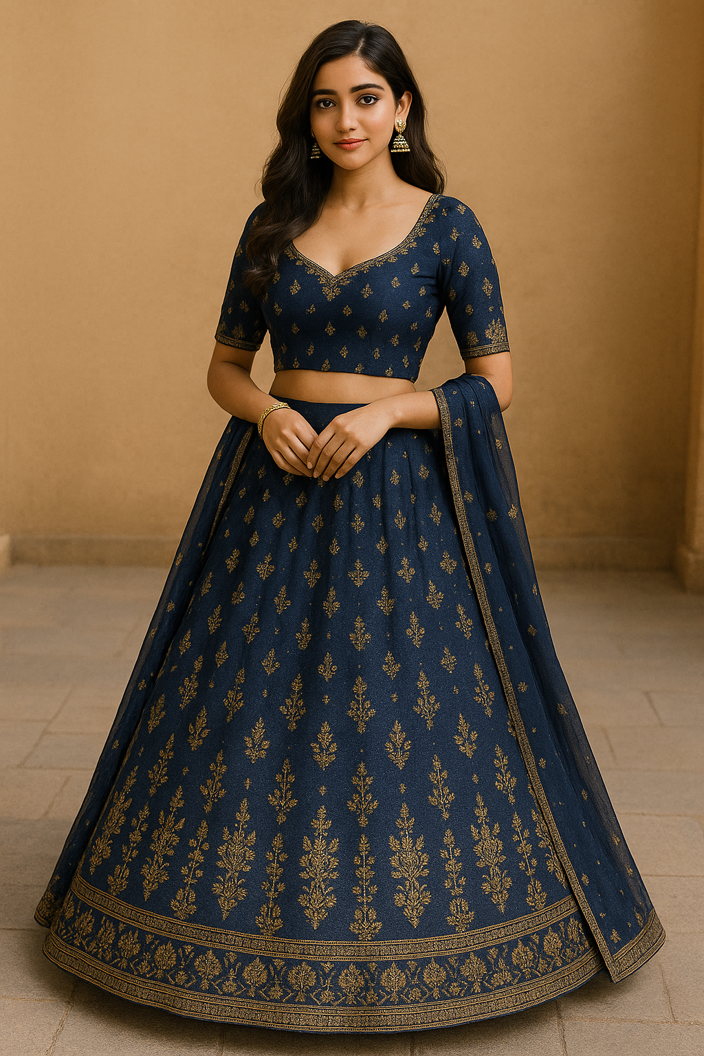 Woman wearing elegant navy blue lehenga choli with golden zari work and matching dupatta