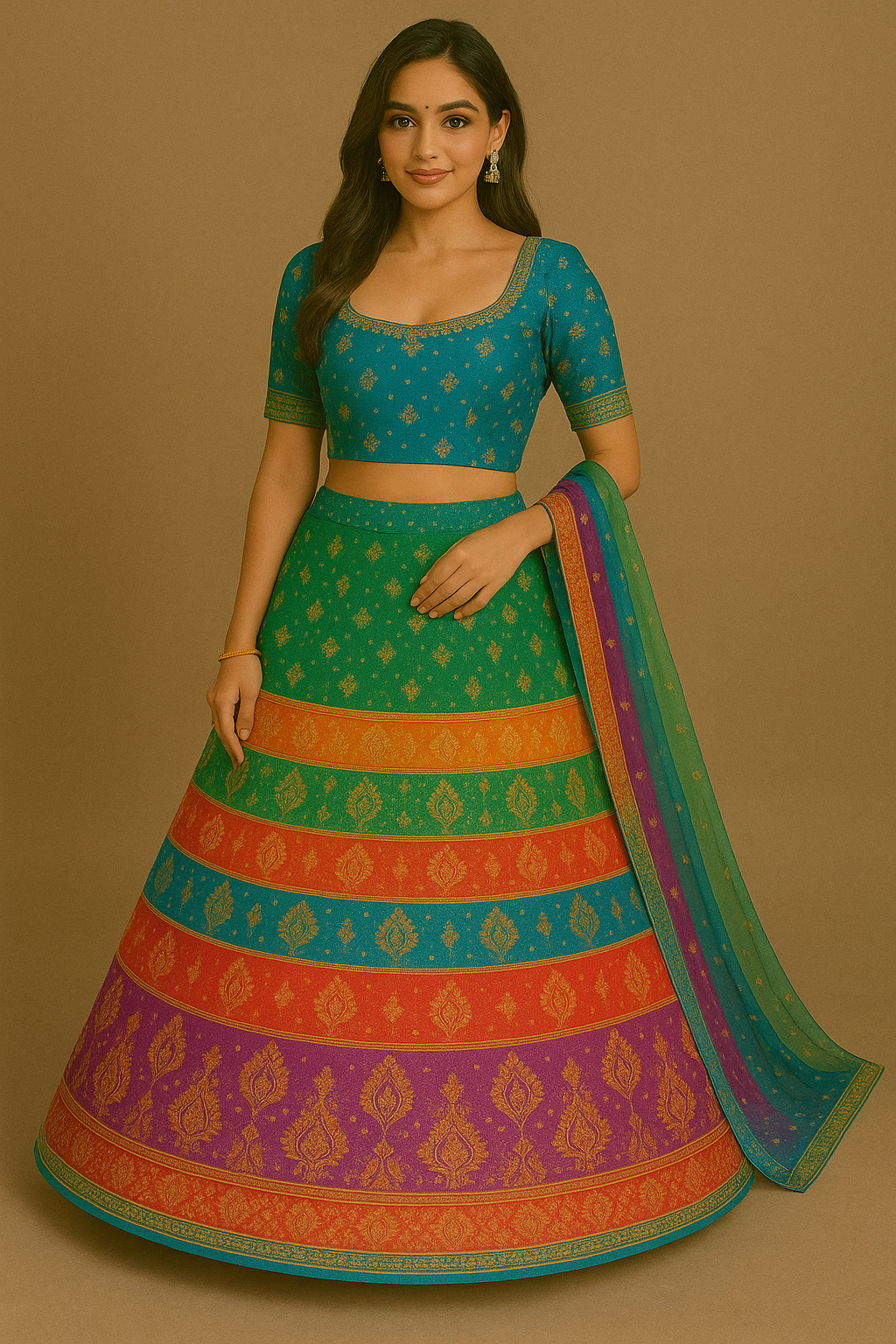 Woman wearing multicolor traditional woven silk lehenga choli with dupatta featuring golden motifs