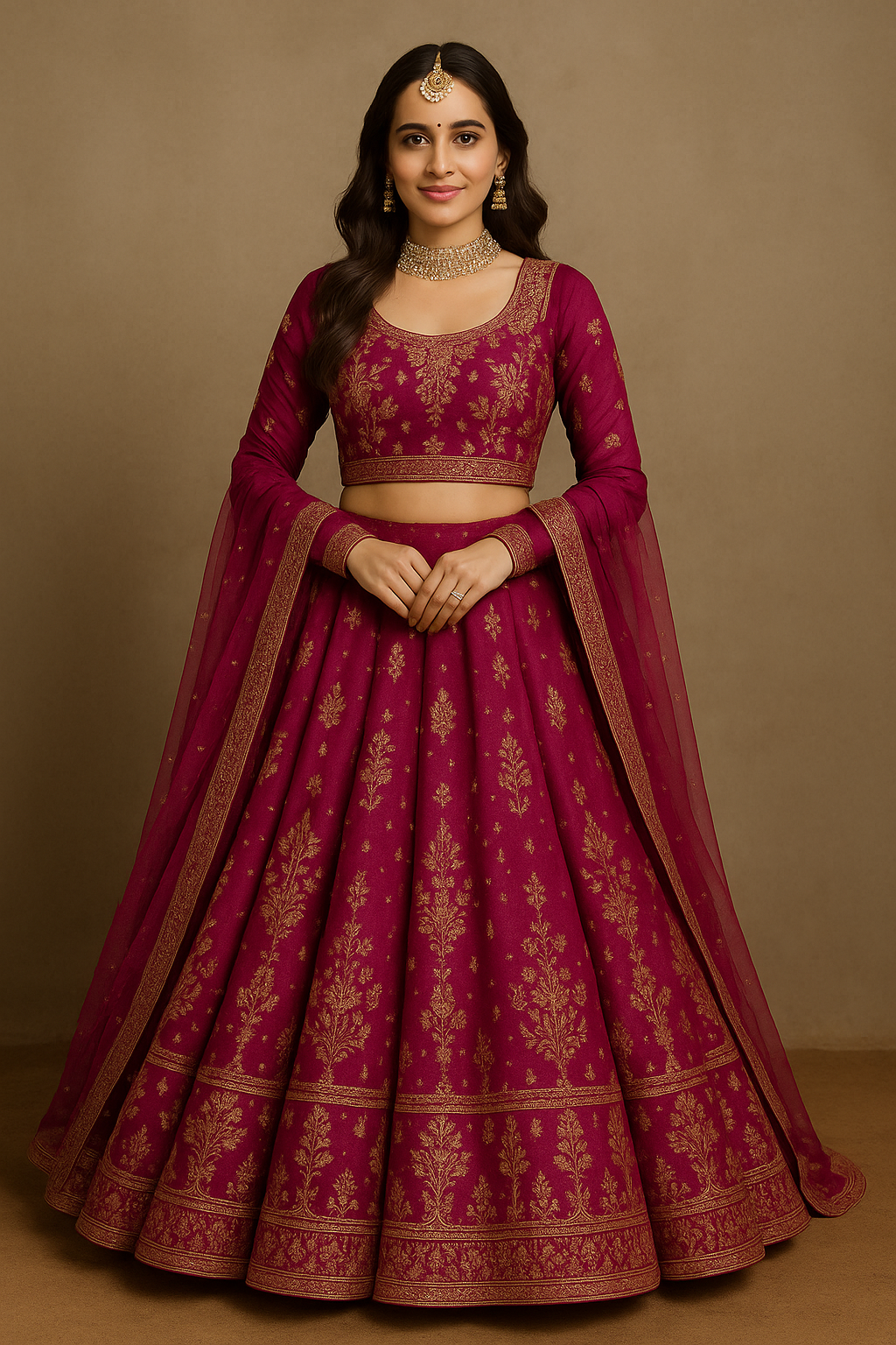 Woman wearing maroon embroidered silk Anarkali dress with matching net dupatta