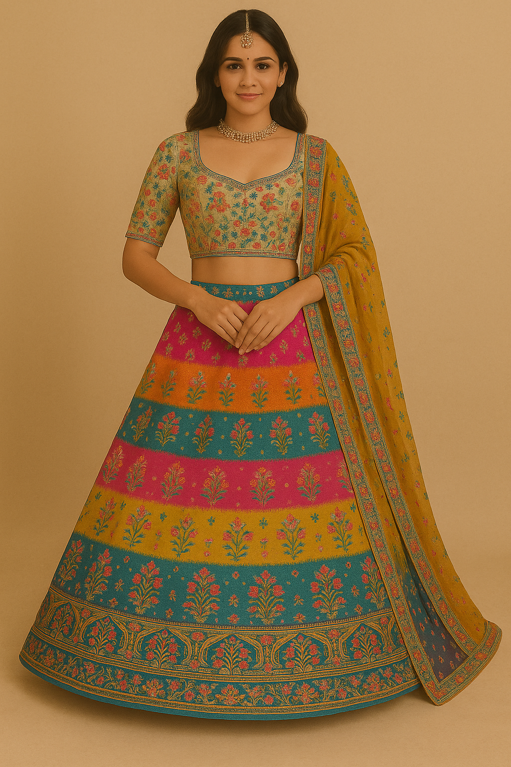 Woman wearing a multicolor floral woven silk lehenga choli with a mustard dupatta