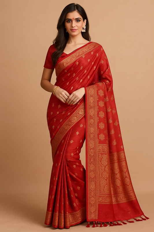Woman wearing a red Banarasi silk saree with golden zari work, perfect for weddings and festive occasions