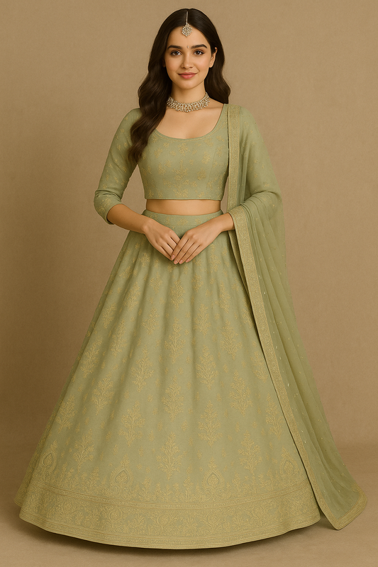 Woman wearing an elegant olive green embroidered lehenga choli set with matching dupatta