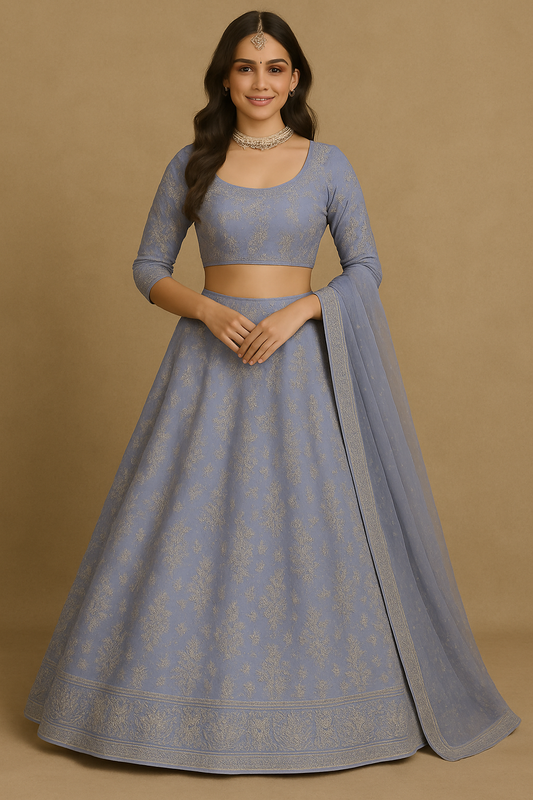 Woman wearing dusty lavender embroidered lehenga set with net dupatta – Indian ethnic wear
