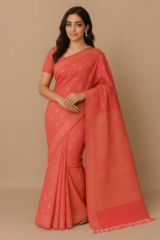 Elegant Coral Pink Woven Saree for Women – Traditional Design with Subtle Motifs | Lightweight Daily & Festive Wear