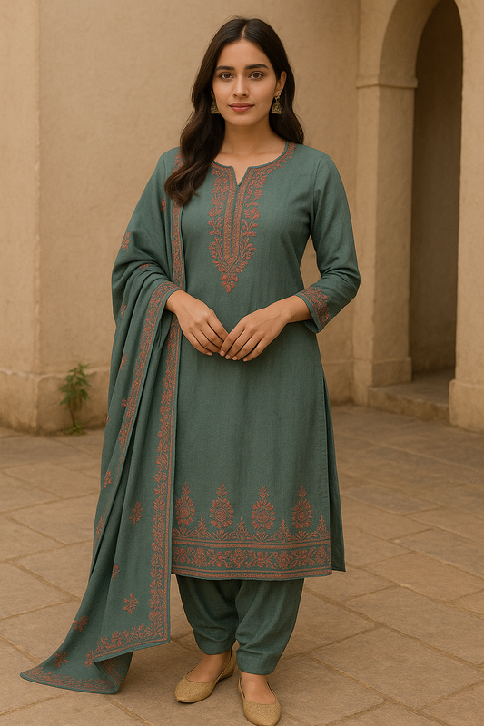 Woman wearing an elegant teal green cotton kurta set with traditional rust embroidery and matching dupatta