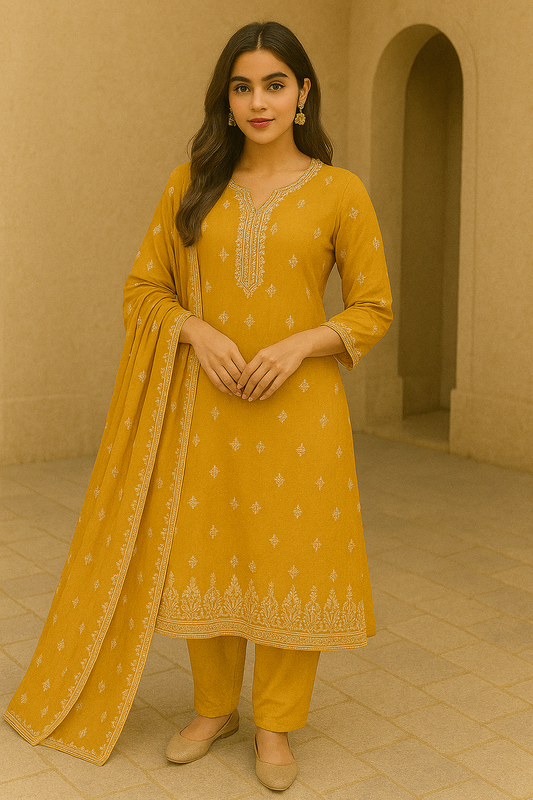 Woman wearing mustard yellow embroidered cotton kurta set with matching pants and dupatta