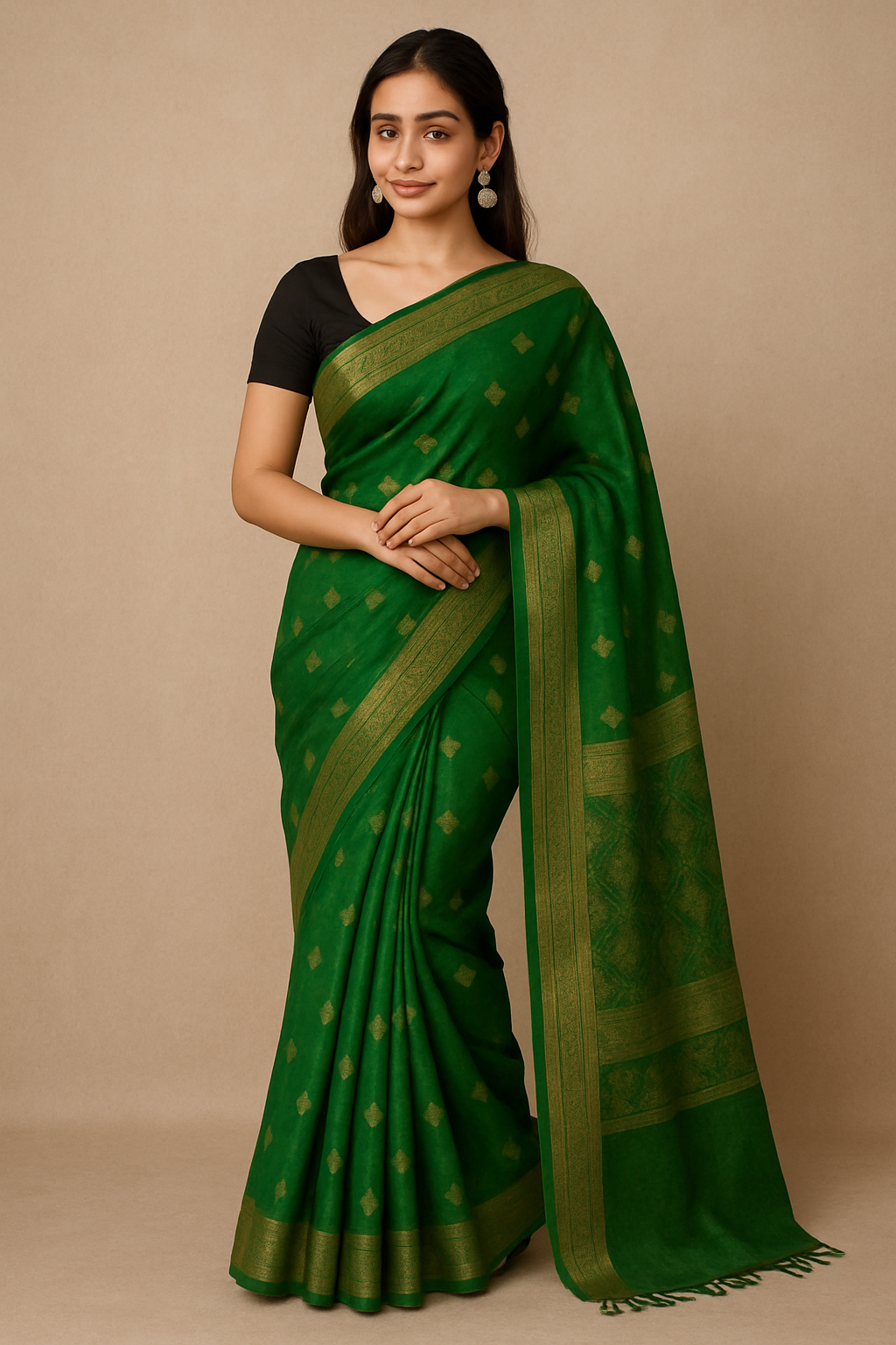 Elegant woman wearing a green silk saree with gold zari border and black blouse – traditional Indian ethnic wear