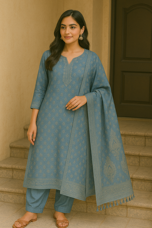 Woman wearing a blue printed cotton kurta set with matching dupatta and pants, standing on stone stairs