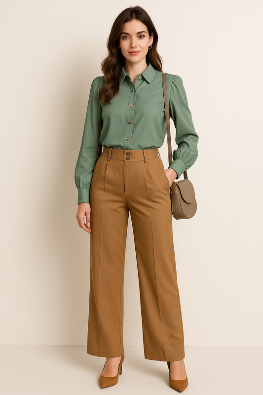 Model wearing olive green blouse and tan high-waist trousers, elegant women's outfit