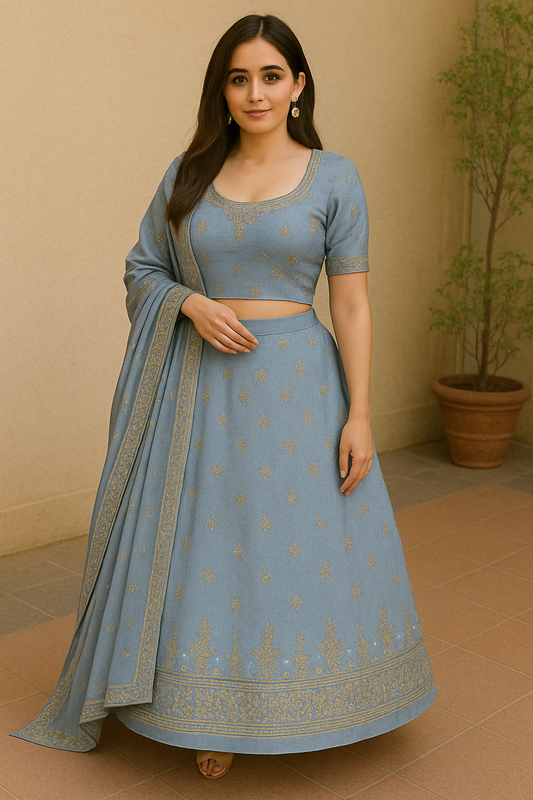 Woman wearing a dusty blue embroidered lehenga set with matching dupatta and blouse