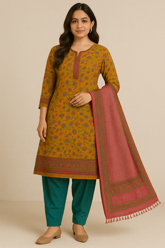 Woman wearing mustard floral printed kurta set with teal pants and red bordered dupatta