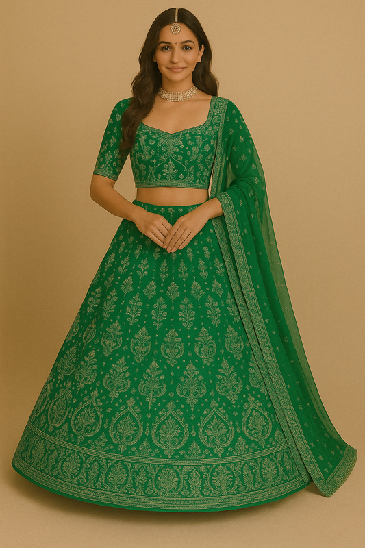 Woman wearing elegant emerald green brocade lehenga choli with golden motifs and dupatta