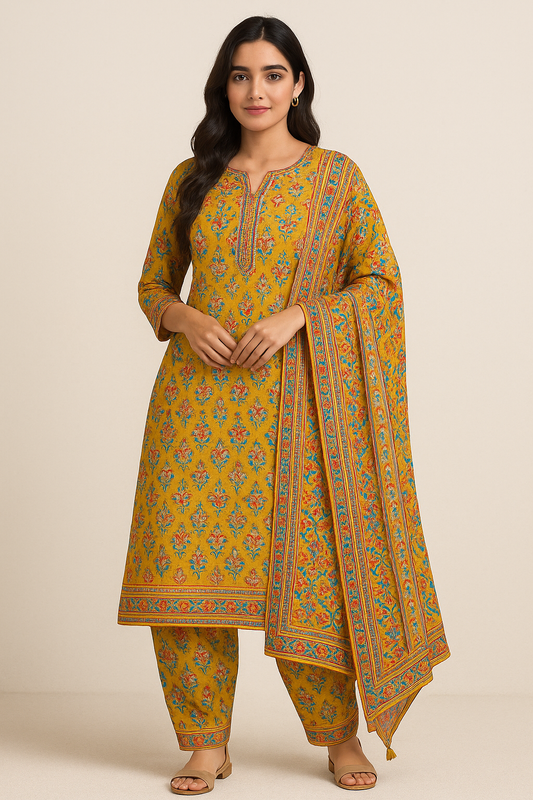 Woman wearing mustard yellow floral printed cotton suit set with matching pants and dupatta – traditional Indian ethnic wear