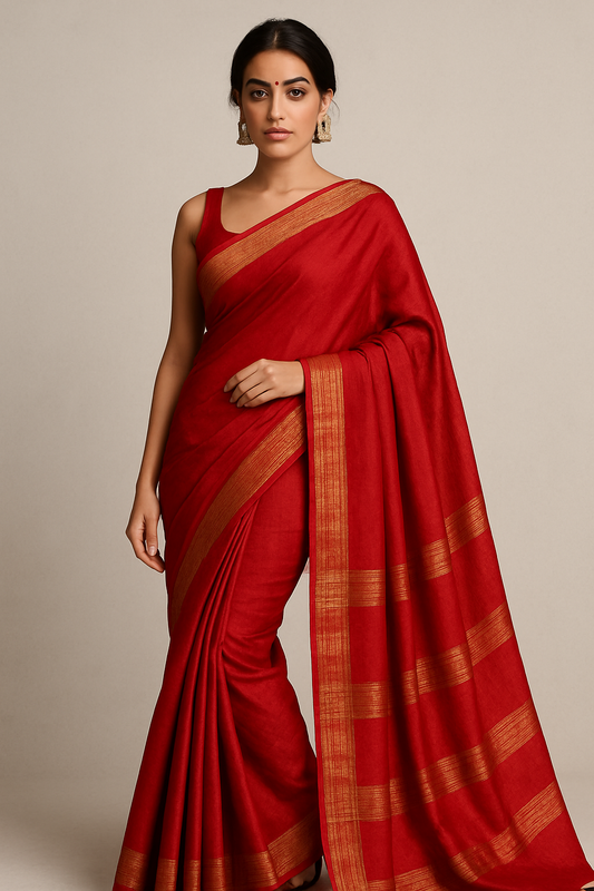 Elegant red handloom cotton saree with golden zari border, worn by woman for festive or office occasion