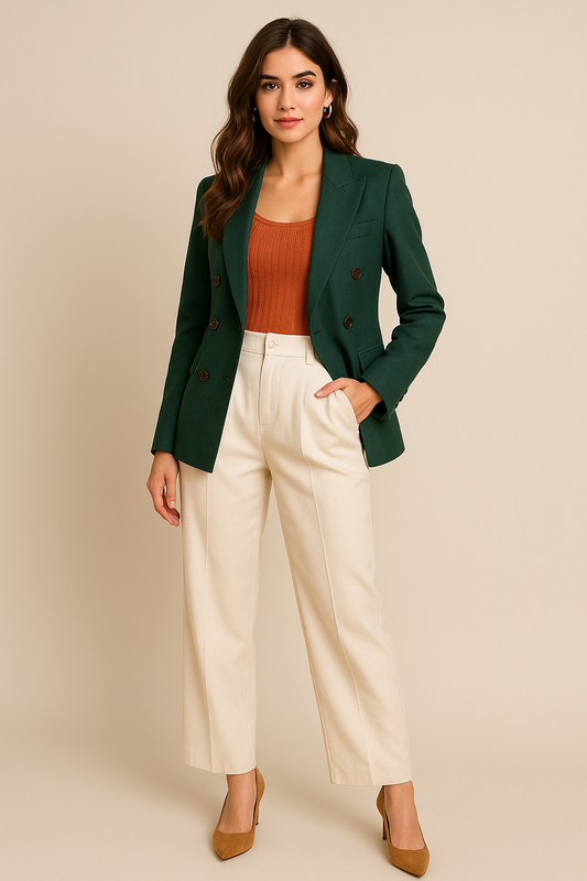Woman wearing a green blazer, rust tank top, and cream wide-leg trousers with tan heels in a business casual outfit.
