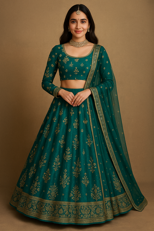 Woman wearing teal green embroidered lehenga choli with matching dupatta
