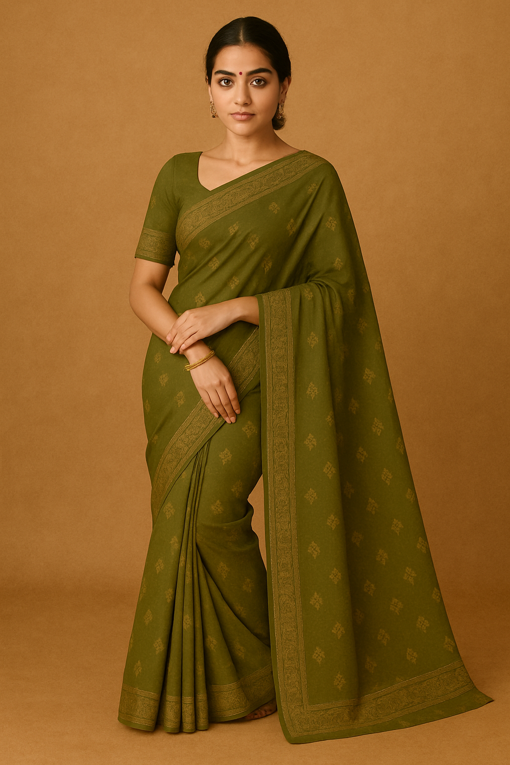 Woman wearing elegant olive green cotton saree with handwoven motifs and traditional pallu