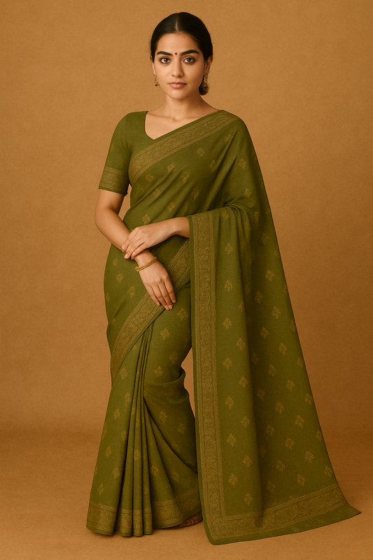 Woman wearing elegant olive green cotton saree with handwoven motifs and traditional pallu