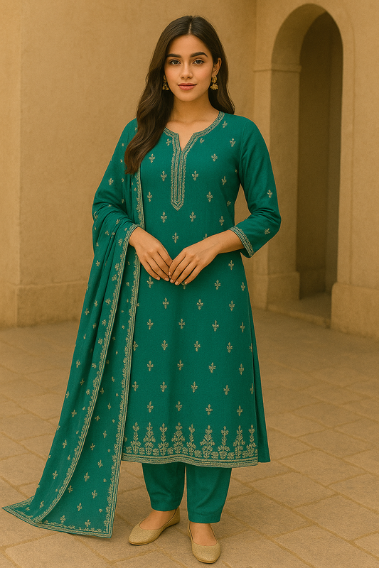Woman wearing a teal green embroidered cotton kurta set with matching dupatta and pants, ideal for festive or casual ethnic wear