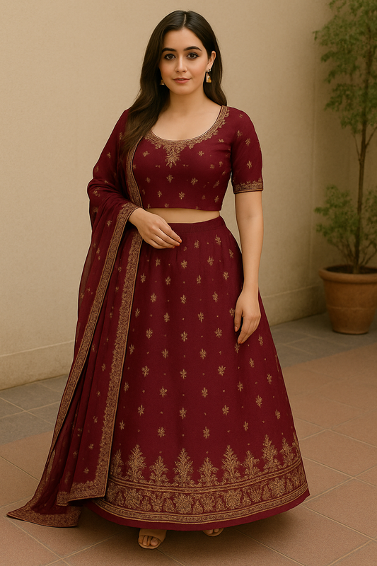 Woman wearing maroon embroidered lehenga choli with dupatta – traditional festive outfit