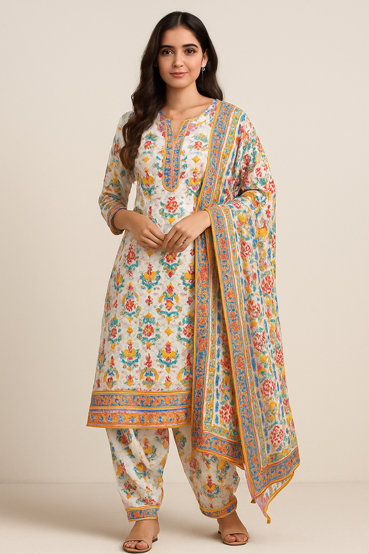 Woman wearing a white floral printed cotton suit set with matching dupatta